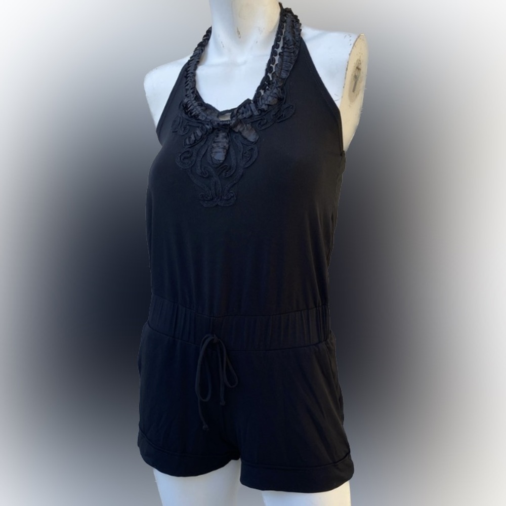Ladies black sexy summer beach fun romper short set with lace embellishments